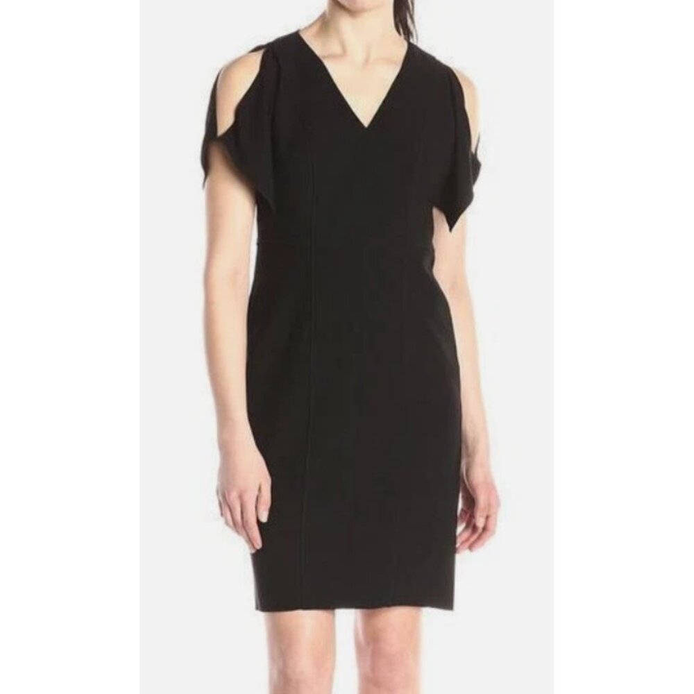 Elie Tahari Lourdes Black Cocktail Dress with slit short sleeves V neck size 8